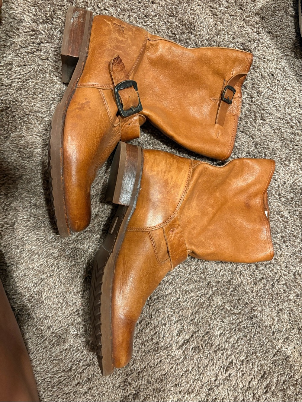 Frye Cognac Leather Mid-Calf Buckle Boots